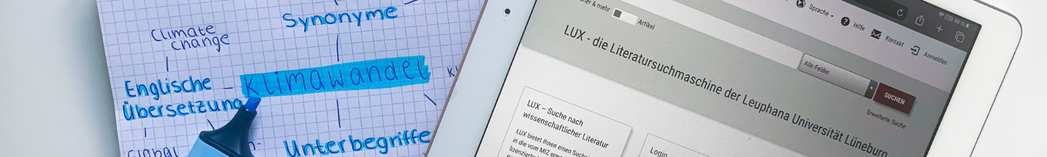 Ein Tablet mit geöffnetem Browser zeigt die Literatursuchmaschine LUX. Darunter ein Block mit Mind-Map zum Thema Klimawandel.